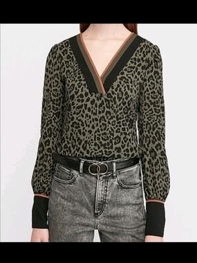 Express Womens Leopard Print V-neck Color Block Sheer Blouse Size Small NWT7